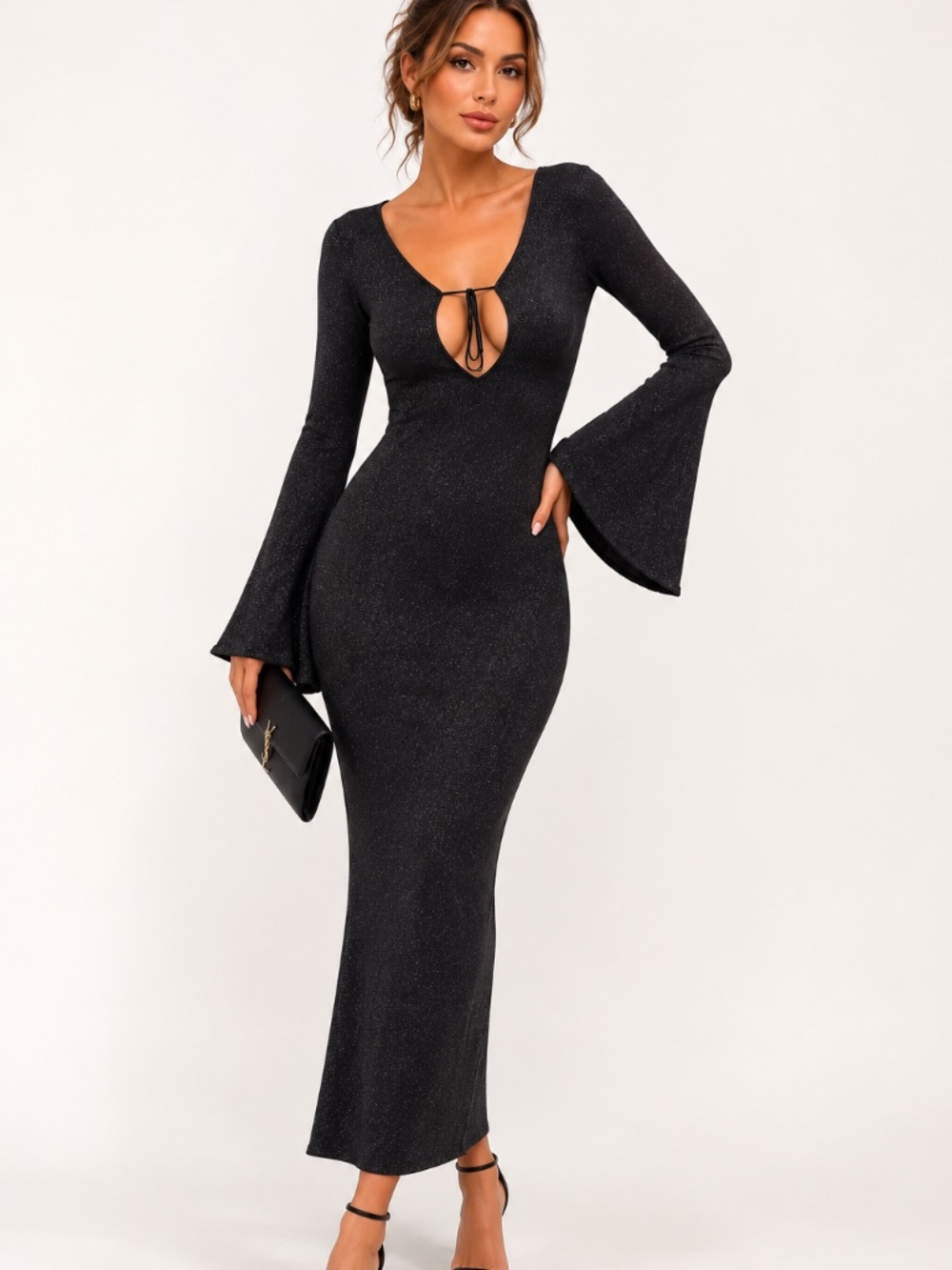MESHKI Black Metallic Glitter Maxi Dress XS Bell Sleeve Cutout